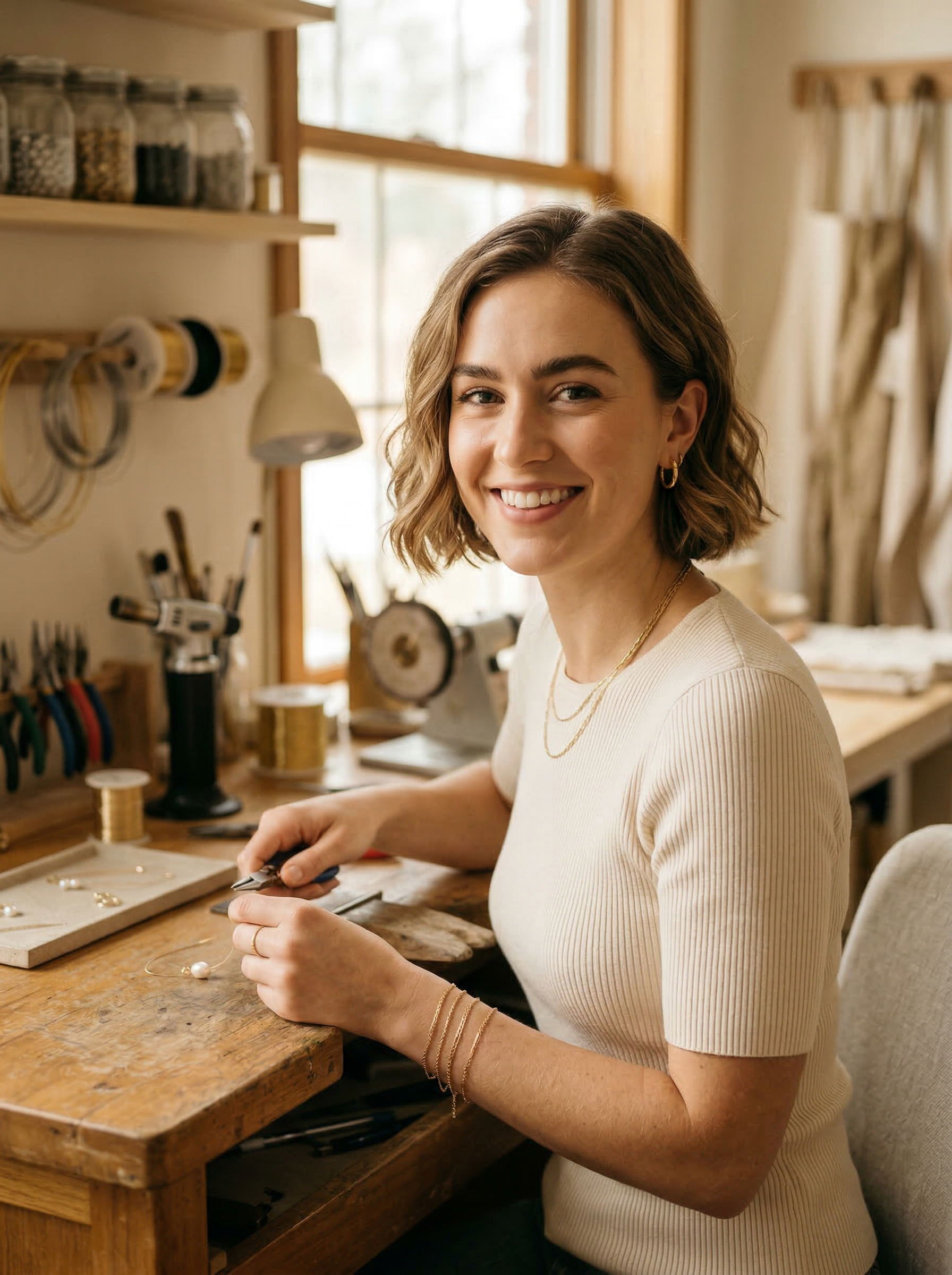 Lane, founder of Made by Lane, smiling at her jewelry workstation