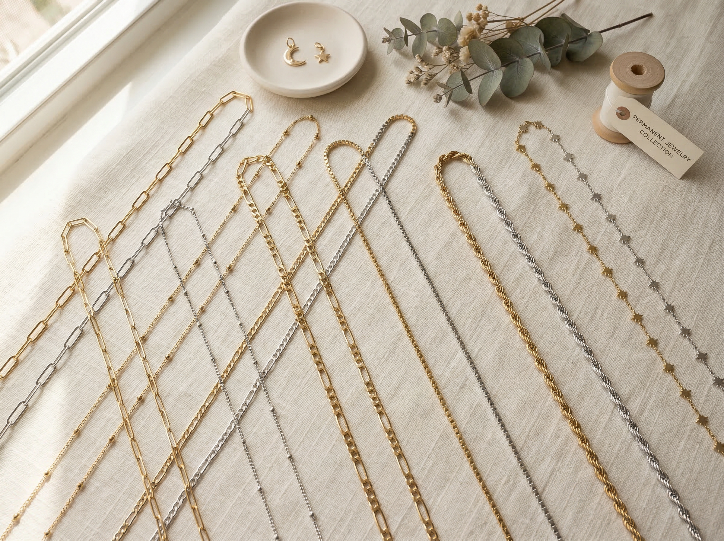 Flat lay of various chain styles — paperclip, satellite, figaro, box chain, rope, and starburst in gold and silver