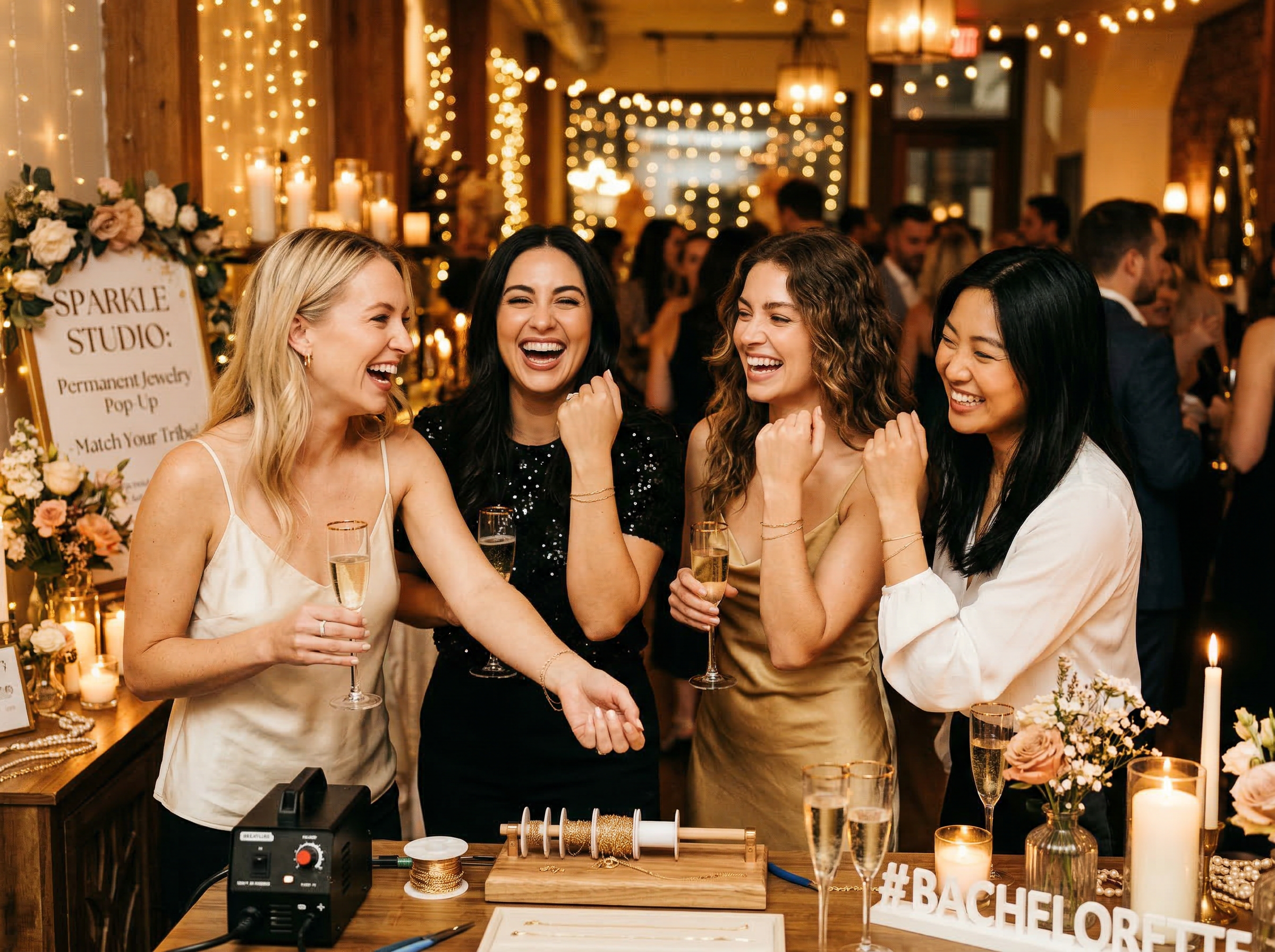 Group of women laughing together at a permanent jewelry pop-up event