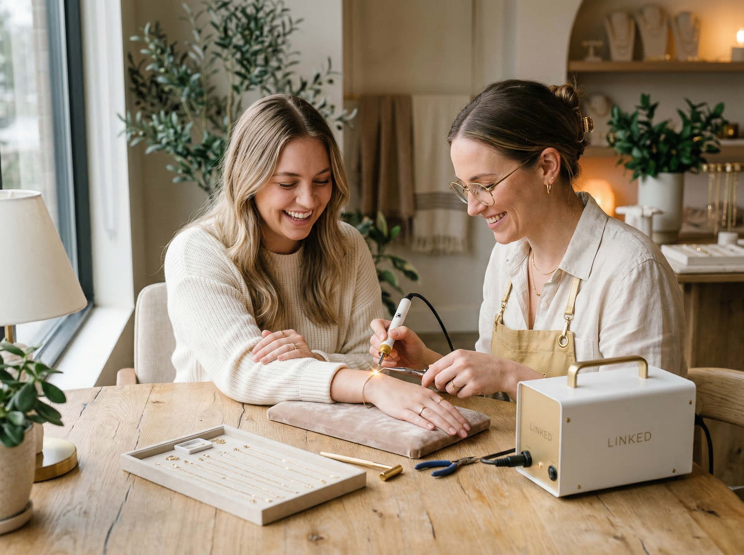Two women smiling during a permanent jewelry welding session